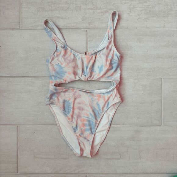 Hollister Swim One-Piece Bathing Suit Cut Out Tie Dye Blue Pink Small Front Knot - Picture 1 of 7